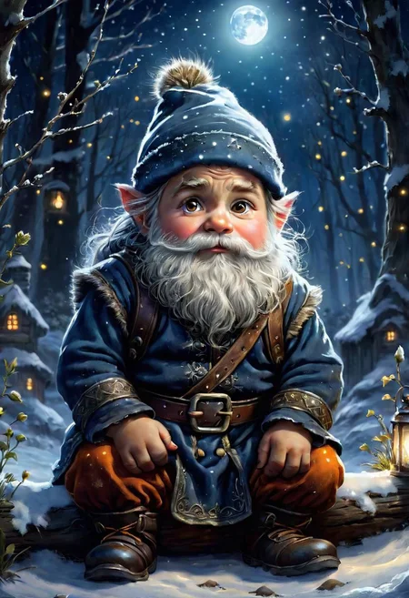 mj, cinematic, masterpiece, Luminism, A small sitting dwarf waits for the first snow to arrive. A epic image illustration, old mystery, magic ,in focus, night, fireflies, moonlight, watercolor painting, Jean-Baptiste Monge style, bright, beautiful in winter, splash, big perfect eyes, Shimmering, cute and adorable, filigree, herbs, plants, snow,leaves,farn,moos,edge lighting, lights, magic, fairy, fantasy, stunning, dreamy, wlop, artgerm and james jean, digital art, perfect composition, beautifully detailed, intricate, amazingly detailed octane, trending on artstation, 8k artsy, ultra hd, realistic, vivid colors, highly detailed, UHD drawing, pen and ink, perfect composition, beautiful detailed intricate insanely detailed octane render trending on artstation, 8k artistic photography, photorealistic concept art, soft natural volumetric cinematic perfect light, 4k,  Gabriele Dell'otto, Bob Peak,  bright saturated colors, watercolor, oil paints, HDR, 500px, 4k,