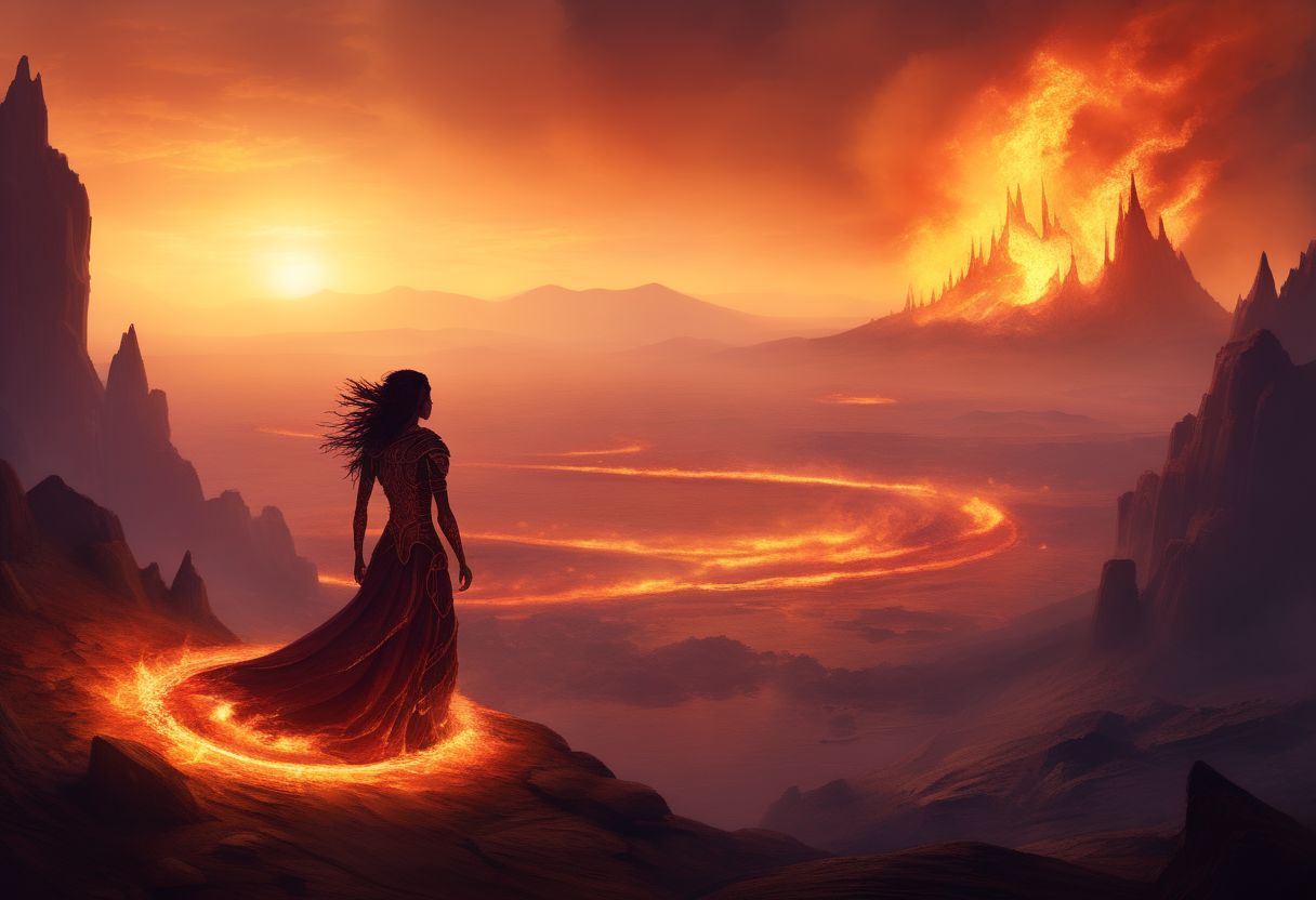 score_9, score_8_up, high quality, fire, 4k, fantasy setting, magic fire, 
massive, wide, scorched landscape littered with burned armor and weapons
kneeling in the middle of the wasteland is a, solo, silohuette of a tiny female sorceress with their hands held up to the sky with multiple concentric rings of fire above them
