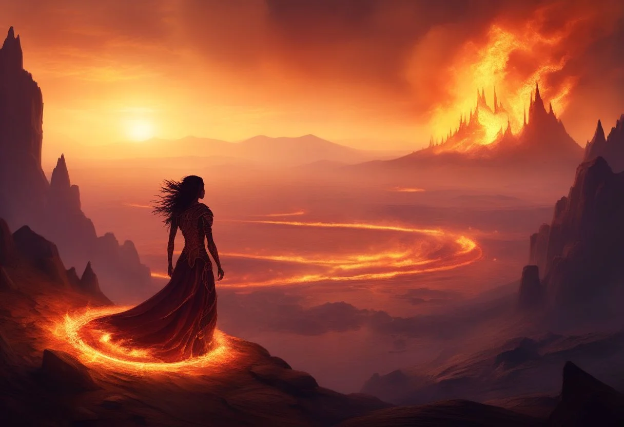 score_9, score_8_up, high quality, fire, 4k, fantasy setting, magic fire, 
massive, wide, scorched landscape littered with burned armor and weapons
kneeling in the middle of the wasteland is a, solo, silohuette of a tiny female sorceress with their hands held up to the sky with multiple concentric rings of fire above them