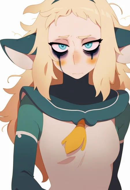 masterpiece, best quality, very aesthetic, absurdres,
1girl, bakarajurgen, blonde hair, long hair, blue eyes, bags under eyes, blush, messy hair, runny makeup,
upper body,
solo, looking at viewer, simple background, white background, <lora:BakaraJurgenNoobXL_byKonan:1>