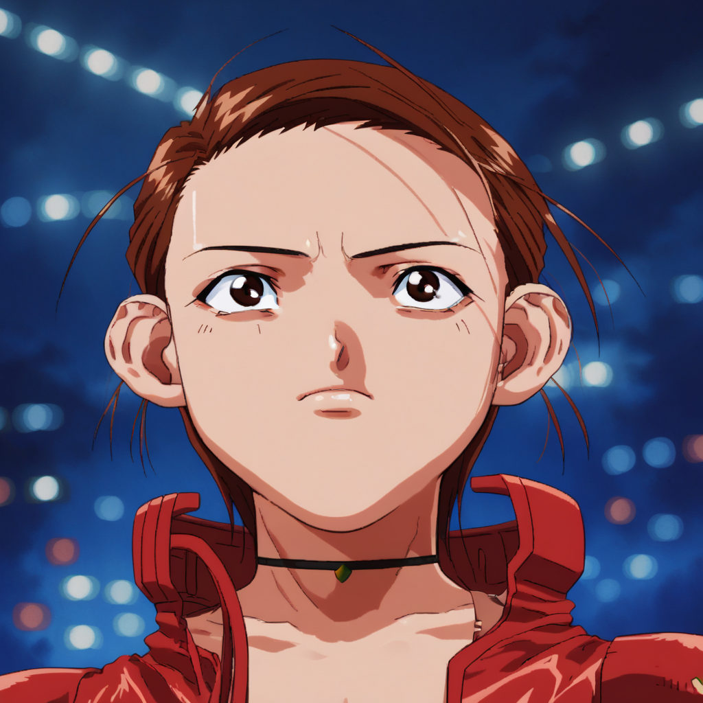 score_9_up, score_8_up, BREAK, shine, 1girl, solo, brown hair, short hair, brown eyes, black choker, red jacket, upper body,   <lora:Shine_ViperF50_PXL_Leaf1:1>, retro artstyle,