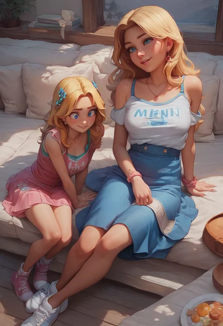 score_9, score_8_up, score_7_up, size difference, age difference, 2girls, mother, zPDXL2, sitting, side by side, NSHaleyStardew, long hair, blonde hair, blue eyes, KanabunP