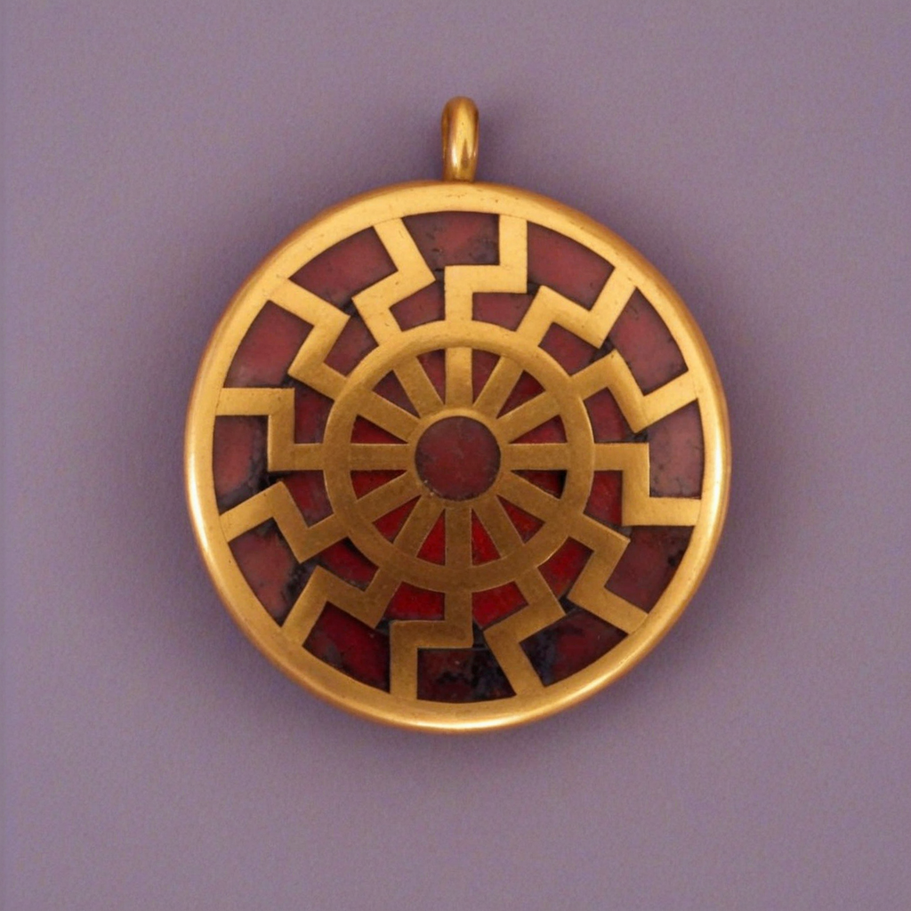 gold and red stone inlay amulet <lora:Anglo-Saxon_Buckles_Clasps_and_Strap_Fittings_XL:1>