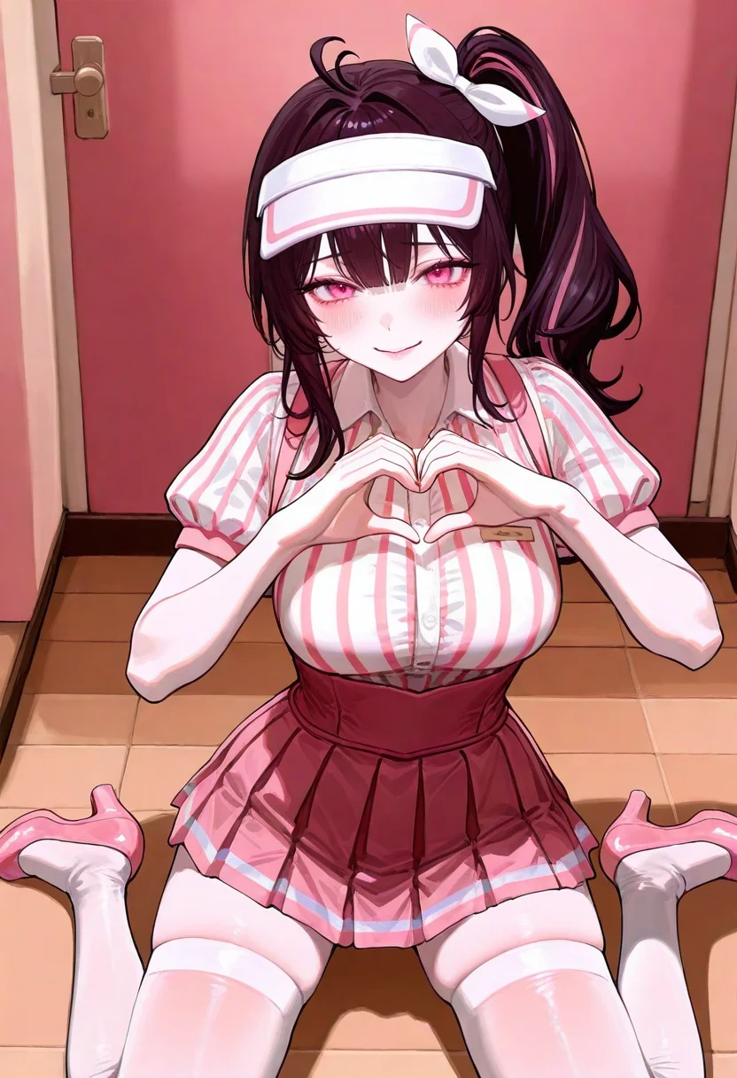 large breasts, detailed body, detailed eyes, narrow waist, (dynamic pose:1.2), upper body,
mature female, korean, korean idol, (mature eyes:1.2),
(pale skin:1.1), (blush:1.2), looking at viewer,
(1girl, solo:1.1), indoors, wariza, from above, heart hands, legs apart,
complexion, healthy glow, long waist, long legs,
masterpiece, best quality, good quality, newest, very aesthetic, absurdres,
<lora:주ì ì_주르르__Jururu_Petrol_Station_Clothes:0.8> petrolruru, purple hair, pink eyes, pink streaked hair, side ponytail, thighhighs, skirt, short sleeves, pantyhose, shirt, white pantyhose, visor cap, striped shirt, bow, smile, collared shirt, (microskirt:1.1), pleated skirt, cowlick, pink footwear, high heels,