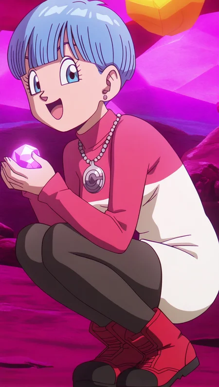 source_anime, masterpiece, best quality, amazing quality, anime screencap, high quality, 8k, absurdres, official style, 1girl, solo, looking at viewer, :d, squatting, <lora:Bulma_Daima_iL:1>, bulm4 b513fs daima, short hair, blue eyes, blue hair, dress outfit, dress, jewelry, pantyhose, boots, necklace, turtleneck,