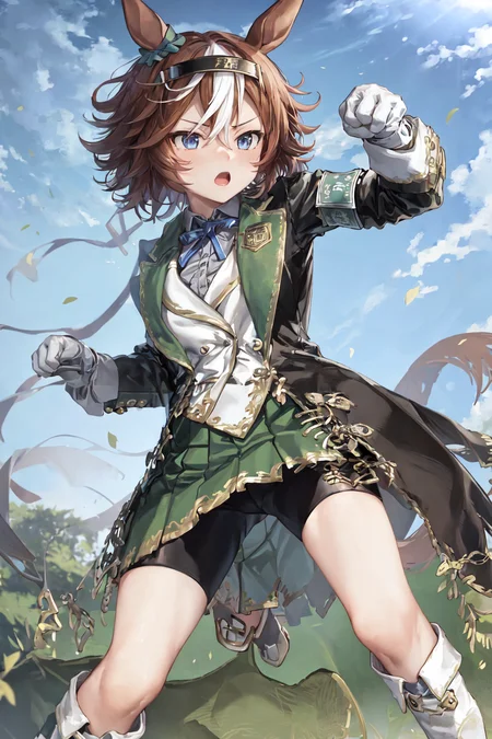 masterpiece, best quality,
bamboo memory \(umamusume\),
standing, full body, fighting stance,
hairband, neck ribbon, white shirt, collared shirt, open coat, black coat, white gloves, armband, long sleeves, green skirt, black shorts, bike shorts, black socks, knee boots, high heel boots, white footwear
<lora:banboo_memory_loha:0.7>