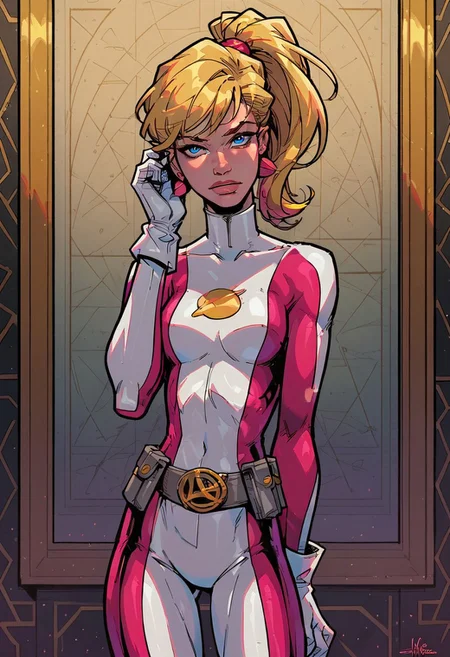 1girl, score_9, score_8_up, score_7_up, masterpiece, high quality, western cartoon, very detailed, depth of field, full color picture, vibrant colors, solo, alone, skinny, blonde hair, long hair, ponytail, pink earrings, gold legion ring, blue eyes, grey belt, gold L* on belt, white gloves, white boots, gold Saturn emblem on chest, suit1, facing front, looking at viewer, full body, standing, solo, alone, masterpiece, high quality, adult, petite,