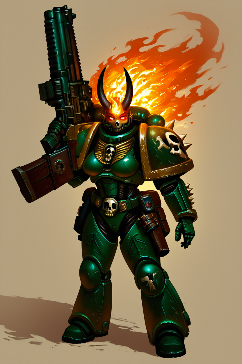 score_9, score_8_up, score_8, medium breasts, (curvy), cute, eyelashes,           BREAK, , BREAK,     (solo, looking at viewer, red eyes, 1boy, holding, standing, full body, weapon, male focus, horns, holding weapon, armor, gun, glowing, fire, shoulder armor, holding gun, glowing eyes, spikes, science fiction, pauldrons, skull, machine gun, demon, power armor, shoulder spikes), ( zzDarkAngel, 1girl, long hair, breasts, looking at viewer, blonde hair, thighhighs, gloves, cleavage, jewelry, medium breasts, green eyes, parted lips, hood, necklace, lips, hand on hip, makeup, gauntlets, green gloves, green thighhighs, green skirt, shoulder armor, green background, arrow (symbol), green theme:0.6), <lora:Dark_Angels_Warhammer_40K_PDXL_v2:0.6>  <lora:AnatoFinnstarkStyle_PDXL:1.0>,      embedding:zPDXL, Expressiveh, <lora:SDXLFaeTastic2400:0.5>,  <lora:Expressive_H-000001:0.4>,