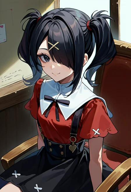 score_9, score_8_up, source_anime, 1girl, solo, AmeDefault, black hair, black eyes, medium hair, twintails, hair over one eye, x hair ornament, black neck ribbon, red shirt, white sailor collar, suspender skirt, black skirt, indoors, sitting, on chair, smile, <lora:ChamKAngelPonyXL:1>