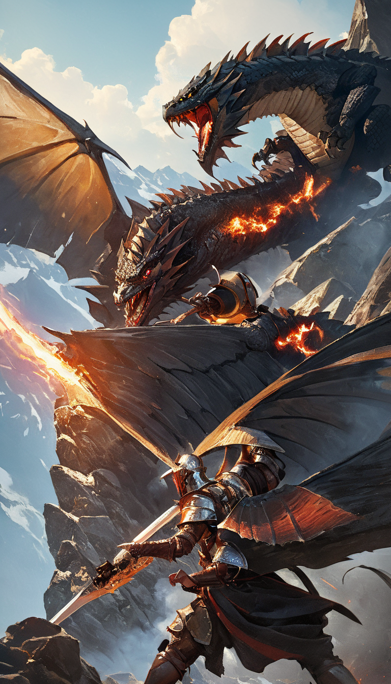 masterpiece, best quality, greg rutkowski, winged dragon, weapon, sword, breathing fire from mouth, fantasy, armor, holding weapon, holding sword, battle, scenery, mountain, outdoors, multiple people, very detailed, high resolution, sharp, sharp image, 4k, 8k,<lora:greg_rutkowski_xl_v3:1>