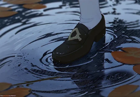 void 0, genshin impact, hu tao \(genshin impact\), 1girl, leaf, puddle, ripples, scenery, shoes, socks, solo, web address, close-up