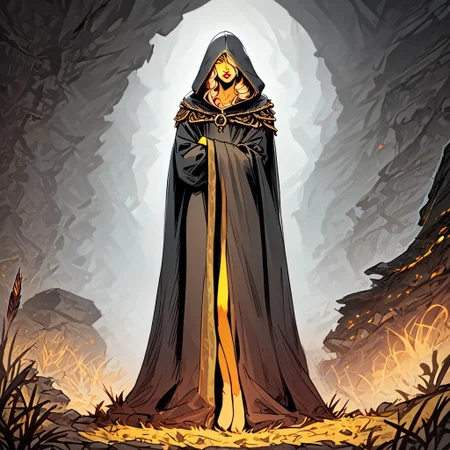 core_9, score_8_up, score_7_up, 4K, masterpiece, solo, cloak, hood up, closeup portrait, full body covering clothing, slim, cross dressing, yellow golden skin, skyrim, altmer, androgynous, big long loose feather pale blonde hair, elf, orange eyes, long brown worshipers cloak with robe, makeup, rouge, lipstick,  evil, villain, sharp cheekbones, ambiguous gender, 40 years old, cross dresser, pretty, feminine style, perverse, male, long concealing cloak, concealing clothes, skyrim city background, cloak covering entire body, closed_clothes
