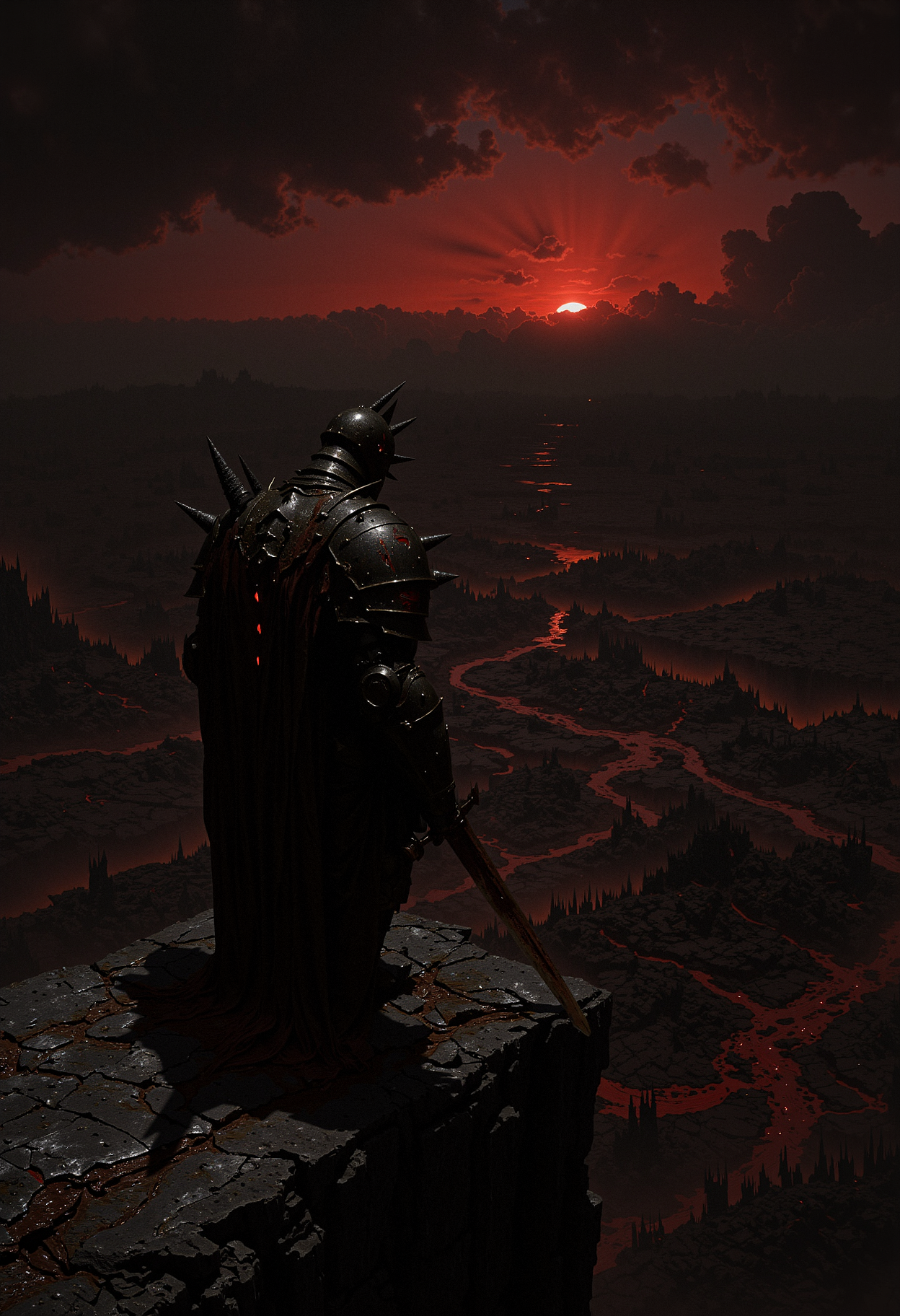 A lone knight, clad in black spiked armor, stands on a cliff overlooking a ruined battlefield. The knight's armor is dented and stained with dried blood, with glowing red eyes visible through the slit of his helmet. In his hand, he holds a rusted sword, its blade chipped and scarred. The battlefield below is littered with the broken remnants of ancient warriors and siege engines, with dark clouds swirling above. The lighting is dim, with an eerie red glow coming from the horizon as if the sun is bleeding into the sky. The style is dark fantasy, with a haunting, war-torn atmosphere.    <lora:dark_fantasy_flux:0.83> <lora:FredFraiStyle-FLUX-Share:0.63> <lora:sxz-Dark-Fantasy-v2-Flux:0.33> drkfnts style, <lora:flux.1_lora_flyway_Epic-Characters_v1:0.43>