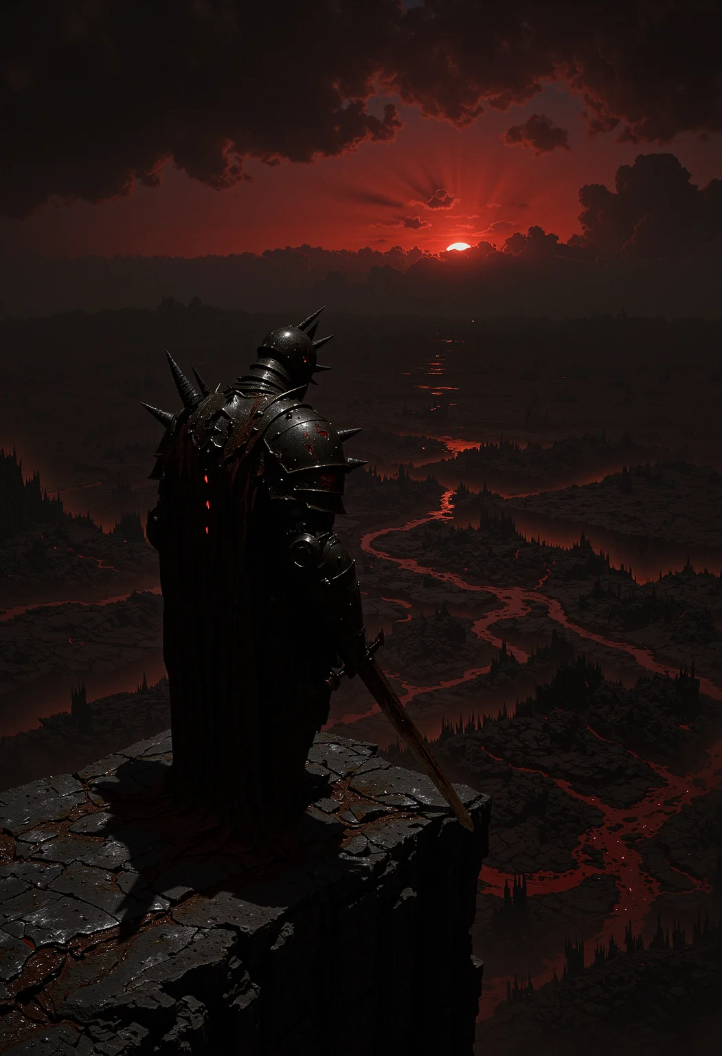 A lone knight, clad in black spiked armor, stands on a cliff overlooking a ruined battlefield. The knight's armor is dented and stained with dried blood, with glowing red eyes visible through the slit of his helmet. In his hand, he holds a rusted sword, its blade chipped and scarred. The battlefield below is littered with the broken remnants of ancient warriors and siege engines, with dark clouds swirling above. The lighting is dim, with an eerie red glow coming from the horizon as if the sun is bleeding into the sky. The style is dark fantasy, with a haunting, war-torn atmosphere. <lora:dark_fantasy_flux:0.83> <lora:FredFraiStyle-FLUX-Share:0.63> <lora:sxz-Dark-Fantasy-v2-Flux:0.33> drkfnts style, <lora:flux.1_lora_flyway_Epic-Characters_v1:0.43>