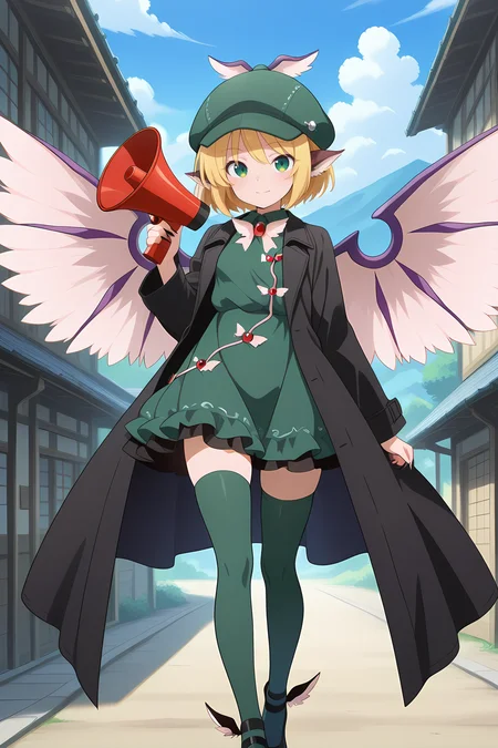 absurdres, highres, masterpiece, best quality, amazing quality, official anime artwork, screencap, anime screencap, outdoors, looking at viewer, light smile, village, dynamic pose, 
 <lora:Mystia-Lorelei_Illustrious:1> mystia lorelei, 1girl, solo, green eyes, blonde hair, short hair, animal ears,, mystia lorelei \(kaiju of darkness and sound\), alternate eye color, alternate hair color, alternate wings, black coat, black footwear, cabbie hat, dress, green dress, green hat, green thighhighs, high heels, long sleeves, open clothes, open coat, sharp fingernails, winged footwear, holding megaphone, insect wings, moth wings, electric wings,