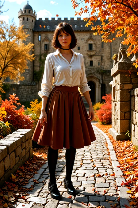 <lora:pytorch_lora_weights_361535:1>,<lora:Skin Color_alpha1.0_rank4_noxattn_250steps:-0.35>,full body,
A amateur street photography of a 24 yo old Women,solo,dark Blue eyes,(medium length Dark chocolate brown hair),kinky hairs Bob Cut , despair,natural floating breasts,flat_ass,kawaii,,adorable,ring,choker,
Dressed in Cute Music Student, burgundy corduroy skirt, oversized white shirt with rolled sleeves, (black pantyhose:1.2), Mary Janes,
Autumn afternoon at Karak Castle, vibrant orange and red leaves framing the fortress, warm sunlight illuminating the weathered stones, and a backdrop of distant mountains under a brilliant blue sky, creating a picturesque scene,, Masterpiece,best quality,realistic,HDR, 8K, masterpiece, best_quality, absurdres, ultra-detailed, highly_aesthetic, depth_of_field