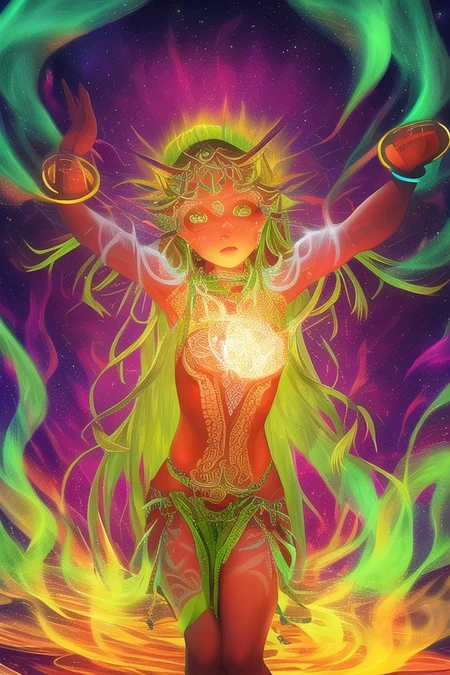 Ice-skinned girl dances in the snow, beats a tambourine. Arctic, The night sky with the aurora borealis (An image with very contrasting and vivid psychedelic colors) (OverallDetail, DaSa, psychedelic)