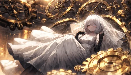 masterpiece,best quality,very aesthetic,absurdres,1girl,full_shot,(gold background:0.8),gears,<lora:LimbusCompanyStyle_AnimagineXL:0.4>,
BREAK
BREAK faust \(project moon\),limbus company,short white hair,light blue eyes,black gloves,indifferent,bridal veil,white translucent wedding dresses,in the air,
BREAK