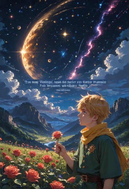 detailed background,Cinematic Lighting,film grain,score_9,score_8_up,score_7_up,zPDXL2,masterpiece,best quality,highly detailed,glowing,hand person,Expressiveh, <lora:(增强)sdxl_lightning_8step_lora:1>,<lora:glowneon_xl_v1:1>, <lora:(增强)Hands XL 4:1>,<lora:(增强)Expressive_H-000001:0.8>, <lora:Vixon\Vixon's Pony Styles Astro:0.8> , little prince, a rose, a fox, night sky, universe, yellow scarf, yellow hair, green clothes, 4str0,star \(sky\), earth \(planet\), planet,Le Petit Prince,1child