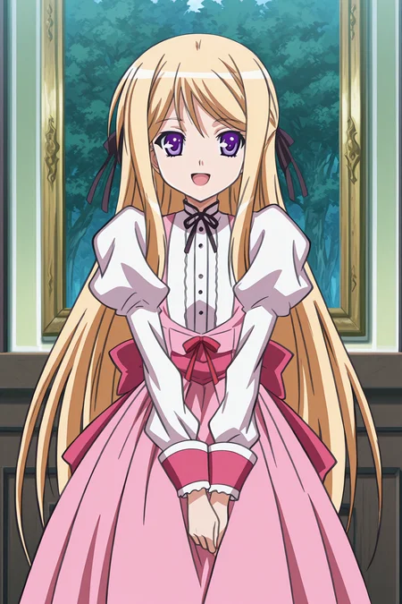 anime screencap, anime coloring, detailed face, masterpiece, best quality, very aesthetic, absurdres, official style, amazing quality, ultra detailed, highres, amazing quality, scenery, beautiful detailed hair, beautiful detailed eyes,
<lora:StS-Illustrious-Detail-Slider-v1.0:4>
indoors, ooking at the viewer,
<lora:Sylvia_van_Hossen_ft._Yuu_Fujikura_and_Maria_van_Hossen_Princess_Lover_OVA:1>
Maria van Hossen (character), 1girl, solo, long hair, purple eyes, blonde hair, ribbon, hair ribbon, open mouth, smile, :D, long sleeves, looking at viewer, puffy sleeves, dress,
standing, cowboy shot
