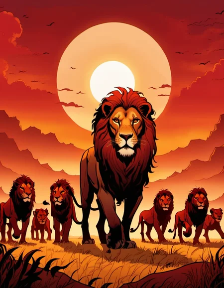 breathtaking graphic novel illustration of In the sprawling savannah, a shapeshifter with a mane of fire runs with a pride of lions. The setting sun paints the horizon in shades of gold and crimson, and the very earth resonates with primal energy. <lora:Graphic_Novel_Illustration_Civitai-000007:1>
