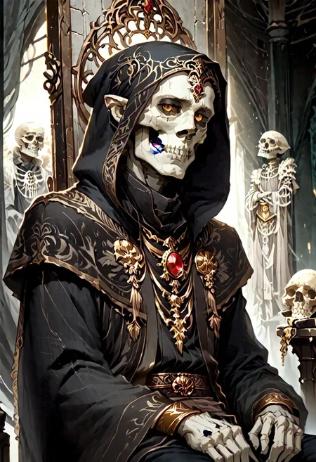 8k, score_9, score_8_up, score_7_up, Art Noveau, masterpiece, 1man (skeleton), (skull face), empty eye sockets, glowing yellow eyes, grey skin,
intricate black robe, intricate gold sash, black pants, black hood, gold trim, black capelet, high collar, pointy ears, long sleeves, long intricate gloves, emerald amulet. bracers,
sitting on throne, dark ruined palace, indoors,