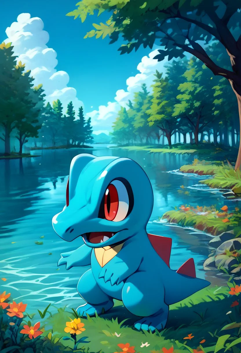 score_9, score_8_up, score_7_up, vivid bright colors,
zzTotodile, open mouth, red eyes, full body, flower, outdoors, sky, day, cloud, water, tree, grass,