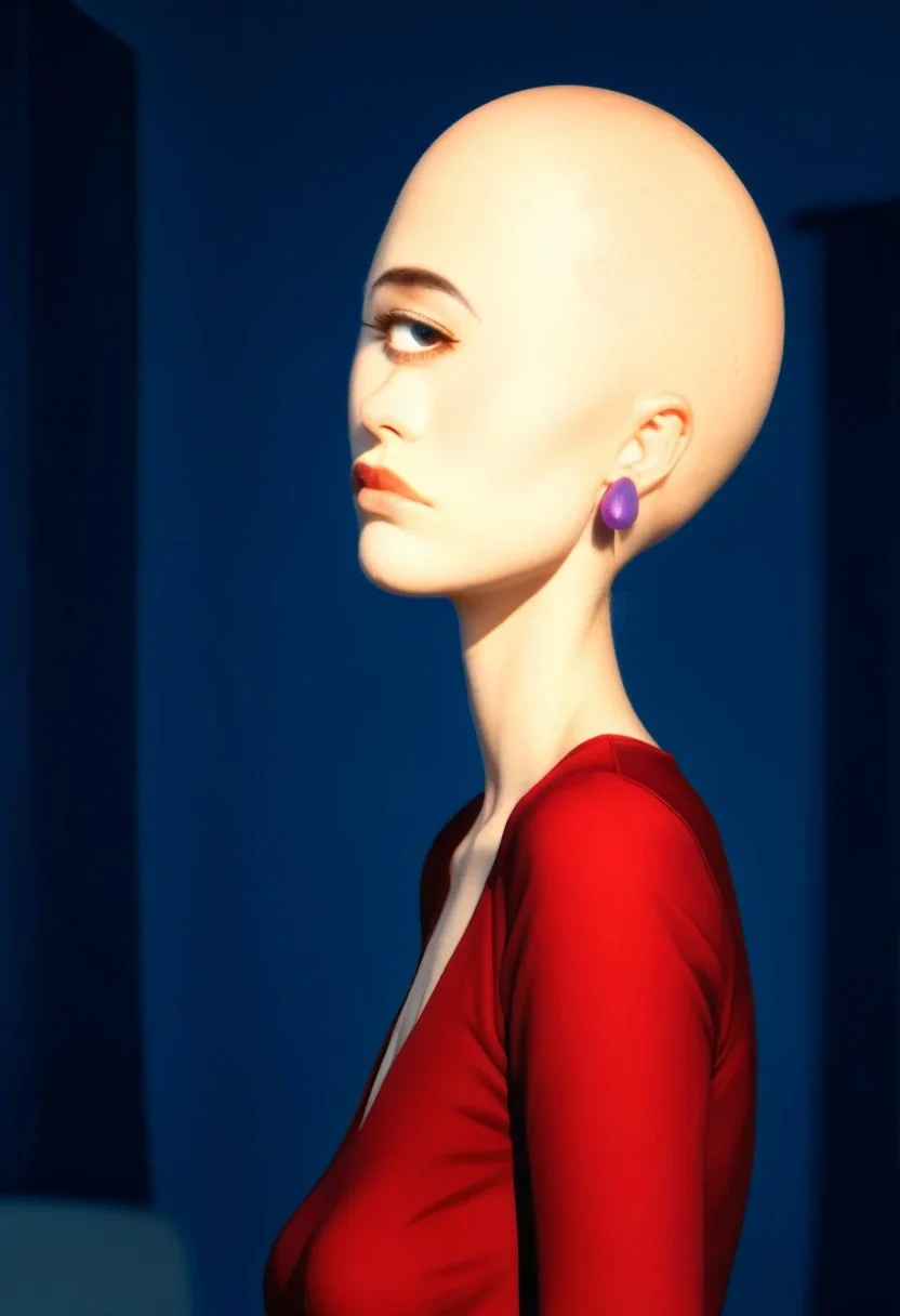 score_9, score_8_up, score_7_up, score_6_up, score_5_up, score_4_up, ((pcklesxl, <lora:pcklescl:0.8>, solo, 1girl, female, bald, crew neck red dress, purple earrings, confused, hands on head, medium-sized breasts, three-quarter view, looking at viewer, indoors, "where's my wig?", question mark, BREAK, 4k, 8k, 10k, 32k, UHD, best quality, cel shading, uploaded on DeviantArt, cyclopsgirl, thinmonobrow, from an angle, side view