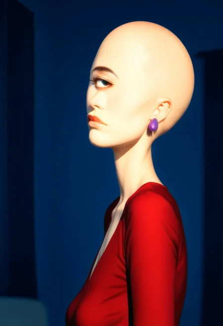 score_9, score_8_up, score_7_up, score_6_up, score_5_up, score_4_up, ((pcklesxl, <lora:pcklescl:0.8>, solo, 1girl, female, bald, crew neck red dress, purple earrings, confused, hands on head, medium-sized breasts, three-quarter view, looking at viewer, indoors, "where's my wig?", question mark, BREAK, 4k, 8k, 10k, 32k, UHD, best quality, cel shading, uploaded on DeviantArt, cyclopsgirl, thinmonobrow, from an angle, side view