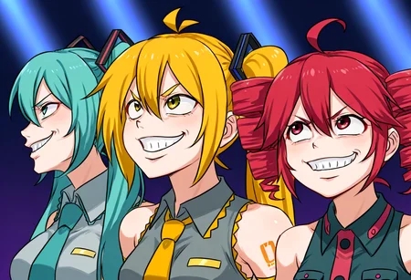 (masterpiece, high quality, amazing detail), highres, getter team pose meme, smile, 3girls, grin, meme, hatsune miku, kasane teto, akita neru, <lora:getter_team_pose:1>