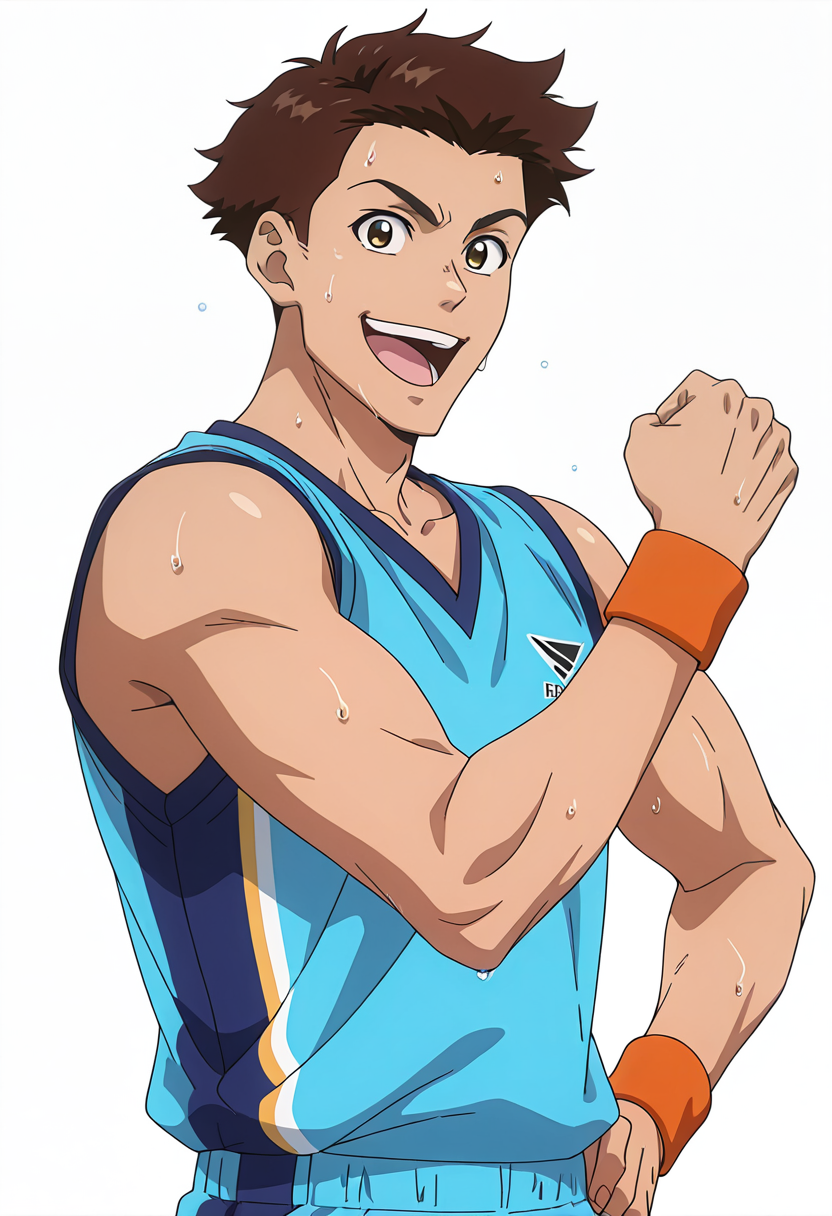 masterpiece, best quality, newest, absurdres, anime screencap, intricate details, good quality, very awa, highres, perfect proportions, perfect eyes, amazing quality, very aesthetic, <lora:Sakaki_Shohei_Love_All_Play.safetensors:1.0>,  1boy, shoh31_sakak1, brown_shoh31_sakak1_eyes, brown_shoh31_sakak1_hair, anime coloring, male focus,  solo, standing, smile, open mouth, looking at viewer, hand on own hip, upper body, sweat, fist pump,  (blue_shoh31_sakaki_jersey), blue shorts, sleeveless, wristband,  white background, simple background,  shadow, dynamic action, intricate lighting, intricately detailed illustration, depth of field,