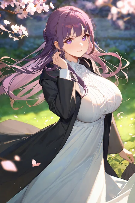 masterpiece, best quality, very aesthetic, ray tracing, newest,(hitenkei, askzy:0.5), 1girl, fern \(sousou no frieren\), solo, black coat, long white dress, cowboy shot, standing, hand in own hair, floating hair, looking at viewer, light smile, garden, blossoms, outdoors, depth of field, milf, large breasts, mature female <lora:quality1:0:hr=1>, <lora:Char-Fern-XL-V1:0.9>