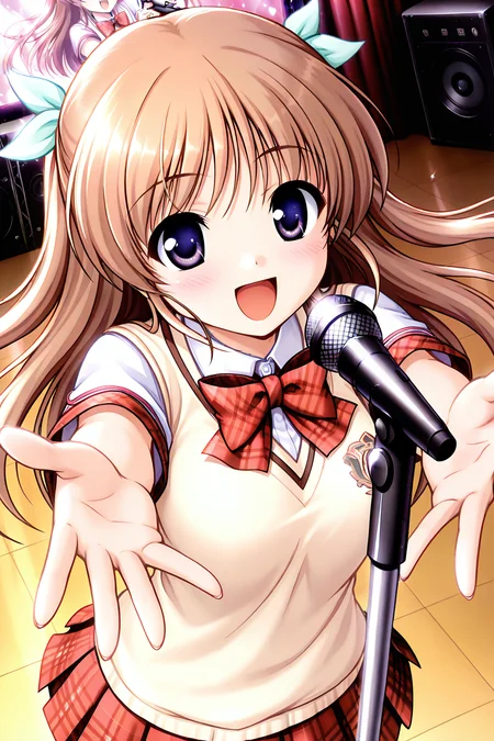 masterpiece, best quality, absurdres, official art, official style, rating general BREAK <lora:shirasakitsugumi_IL_v1-1:0.7>, shirasaki tsugumi, 1girl, solo, purple eyes, blue eyes, light brown hair, long hair, two side up, hair ribbon, white ribbon, light green ribbon, medium breasts, school uniform, red bowtie, plaid bowtie, yellow sweater vest, emblem, white shirt, collared shirt, short sleeves, red skirt, miniskirt, plaid skirt, pleated skirt, open mouth, blush, outstretched hands, indoors, foreshortening, outstretched arm, upper body, dutch angle, floating hair, from above, singing, school auditorium, microphone, microphone stand