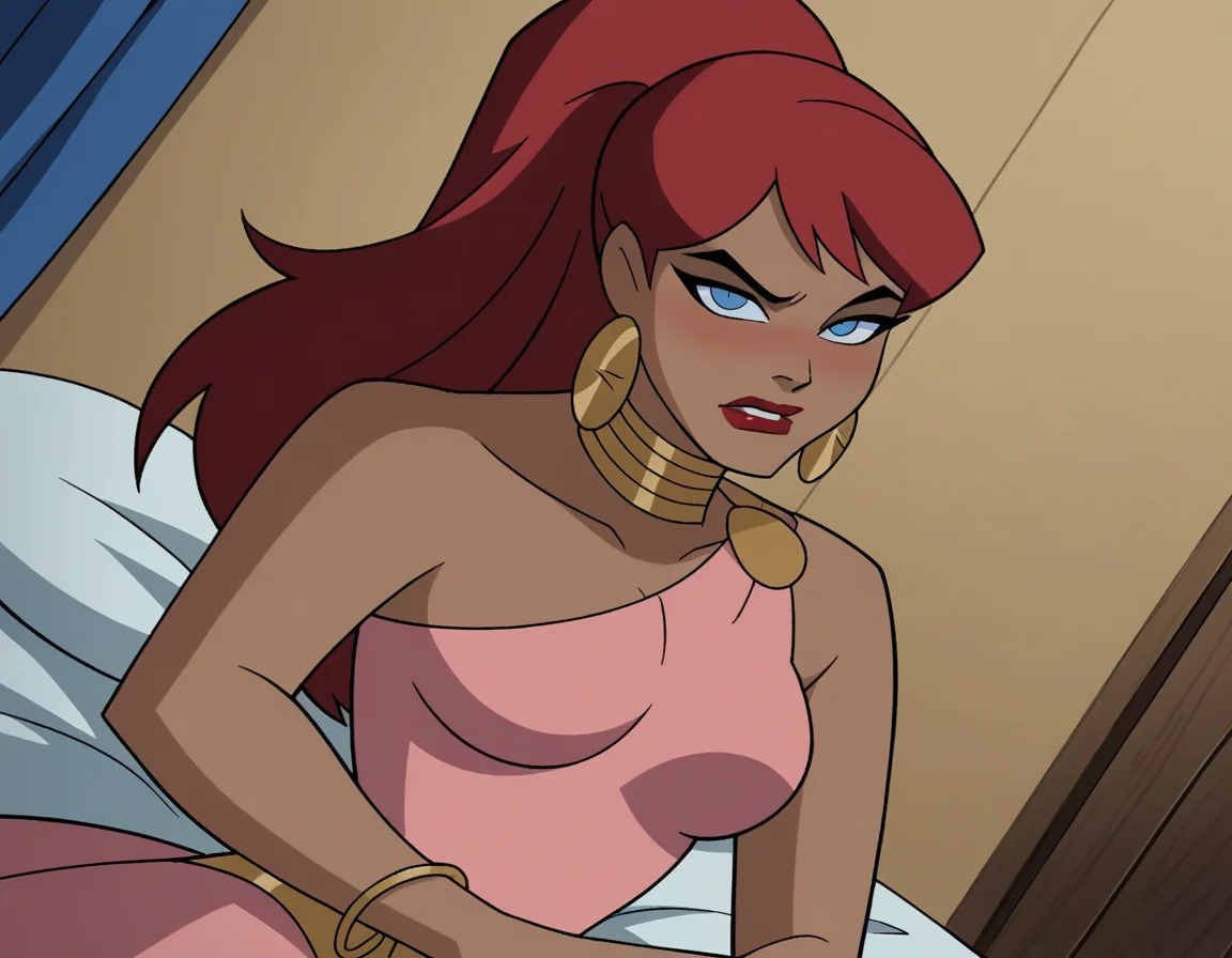 score_9, score_8_up, score_7_up, source_anime,
giganta, <lora:giganta-dcau-ponyxl-lora-nochekaiser:0.8>,
giganta, blue eyes, red hair, dark skin, dark-skinned female, makeup, lipstick, ponytail,
dress, jewelry, earrings, bracelet, pink dress,
indoors, bed, bed room, on side, blush, drunk,
looking at viewer, solo, dutch angle, cowboy shot,
