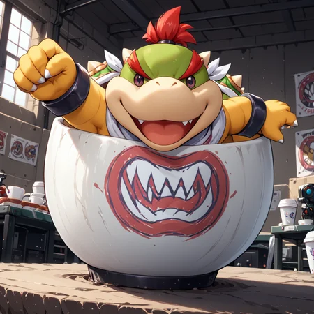 <lora:Bowser_Jr_XL:1> bwsrjr, open mouth, teeth, standing on white cup, (anime, masterpiece, intricate:1.3), (best quality, hires textures, high detail:1.2), (4k),(incredibly detailed:1.4),UHD, 8K, ultra detailedâââ