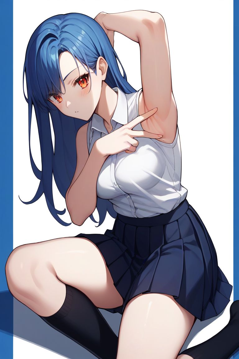 score_9, score_8_up, score_7_up, score_6_up, score_5_up, score_4_up, source_anime,
solo, 1girl,
<lora:SpreadArmpitV4-07:1>, spread armpit, arm up,
blush, looking at viewer, blue hair, long hair, open hair, orange eyes, white sleeveless shirt, collared shirt, black pleated skirt, black knee socks,
