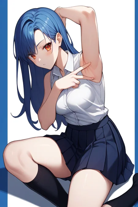 score_9, score_8_up, score_7_up, score_6_up, score_5_up, score_4_up, source_anime,
solo, 1girl,
<lora:SpreadArmpitV4-07:1>, spread armpit, arm up,
blush, looking at viewer, blue hair, long hair, open hair, orange eyes, white sleeveless shirt, collared shirt, black pleated skirt, black knee socks,