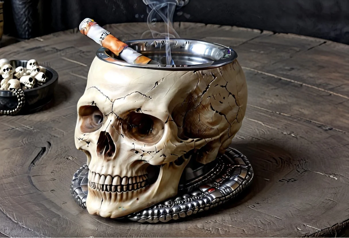 Ultra realistic with high quality and ultra detail with excellent focus and contrast, photorealistic image in style, ultra realism, high definition of 1 object ashtray, material metal, ashtray base metal hand holding skull shaped metal ashtray