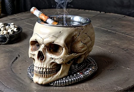 Ultra realistic with high quality and ultra detail with excellent focus and contrast, photorealistic image in style, ultra realism, high definition of 1 object ashtray, material metal, ashtray base metal hand holding skull shaped metal ashtray