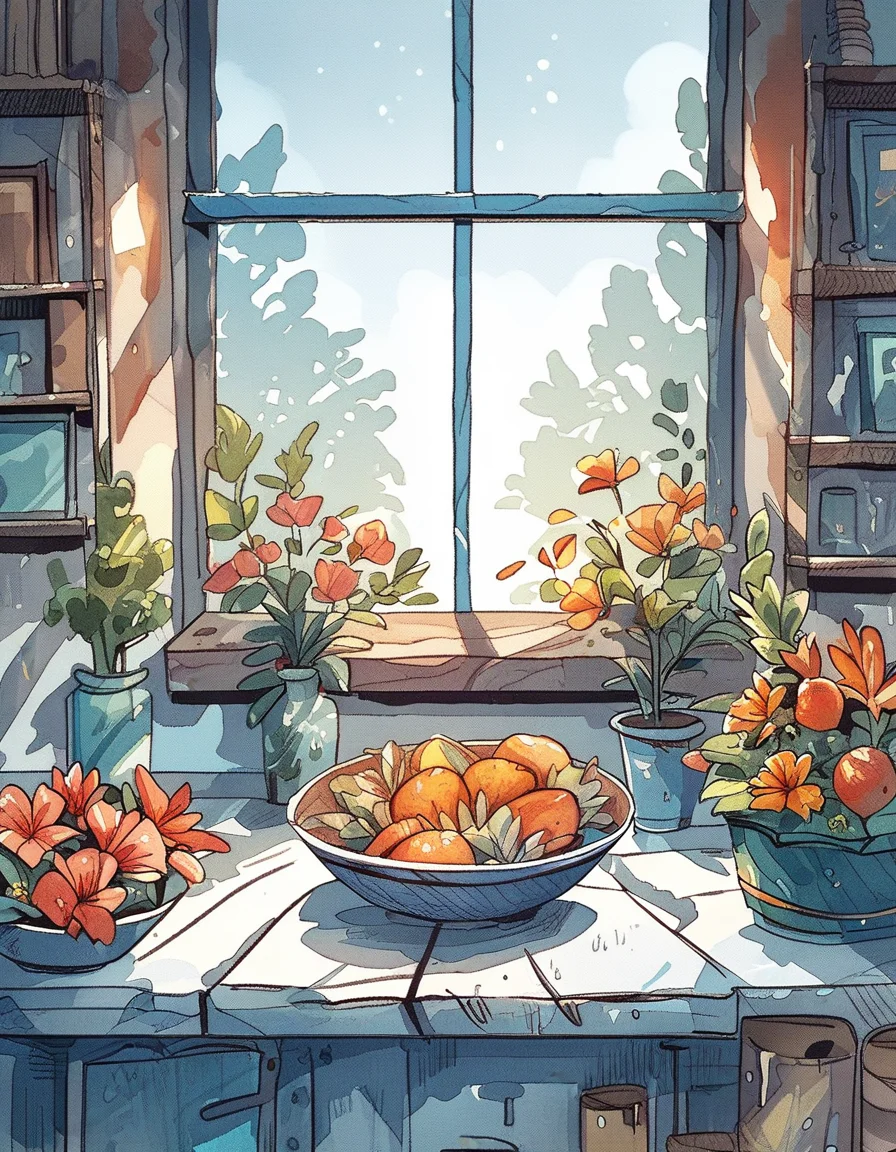 ncpy43 style fruit in a bowl, still life, flowers, in front of a window <lora:ncpy43 style:1>, score_9, score_8_up, score_7_up, score_6_up, score_5_up, score_4_up