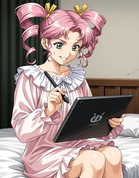 <lora:saku-v9-il-000041:0.75> ch14k1, nightgown, green eyes,
1girl, solo, grin, holding tablet pc, holding stylus, looking down, sitting, on bed, upper body