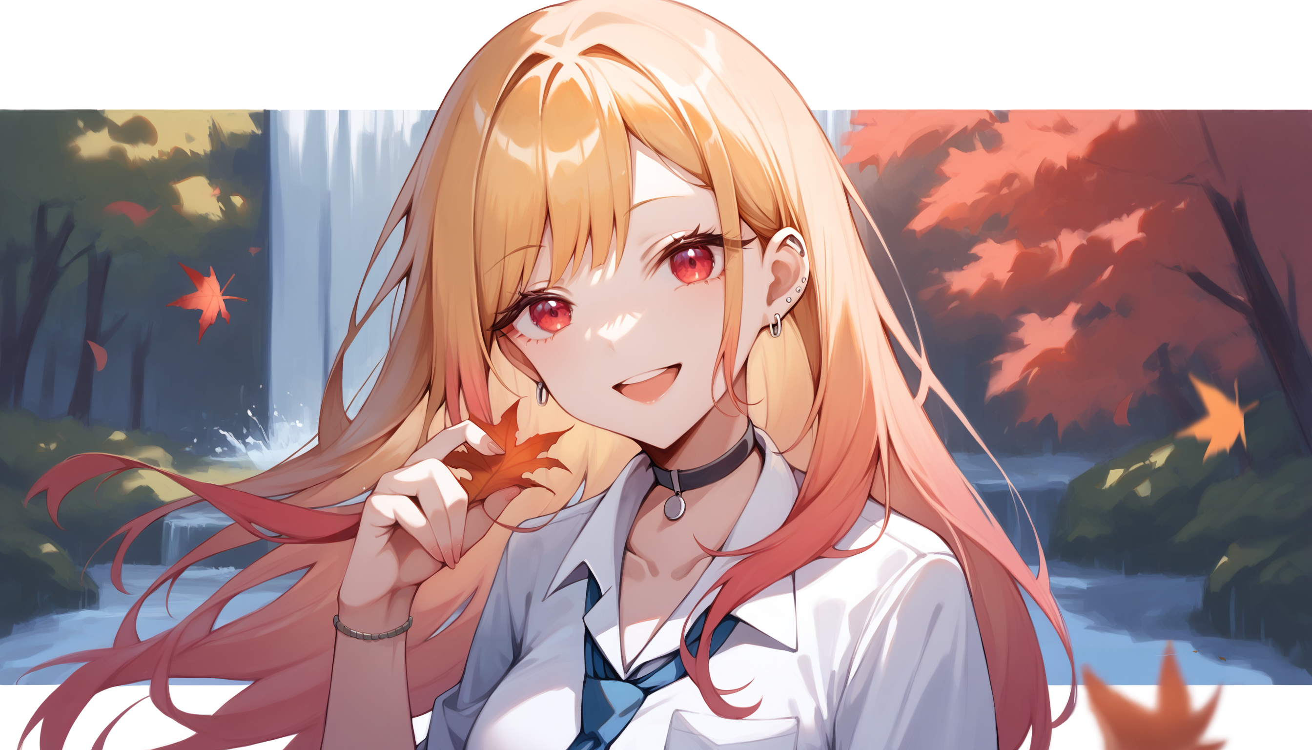 score_9, score_8_up, score_7_up, score_6_up, source anime,
1girl, holding leaf, hand up, upper body, smile, open mouth, looking at viewer,
<lora:kitagawa_marin_pony:1> nirampnxl, kitagawa marin, bangs, blonde hair, long hair, red eyes,
 earrings, necktie, choker, long hair, shirt, black choker, white background, white shirt, piercing, looking at viewer, bracelet, school uniform, collared shirt, ear piercing, bangs, blue necktie, upper body, collarbone, multicolored hair, breasts, breast pocket,
smile, looking at viewer, open mouth,
forest, japan, waterfall, red wooden bridge, momiji, red maple leaf, falling leaves,
nature, scenery, outdoors,
masterpiece, best quality, very aesthetic, absurdres