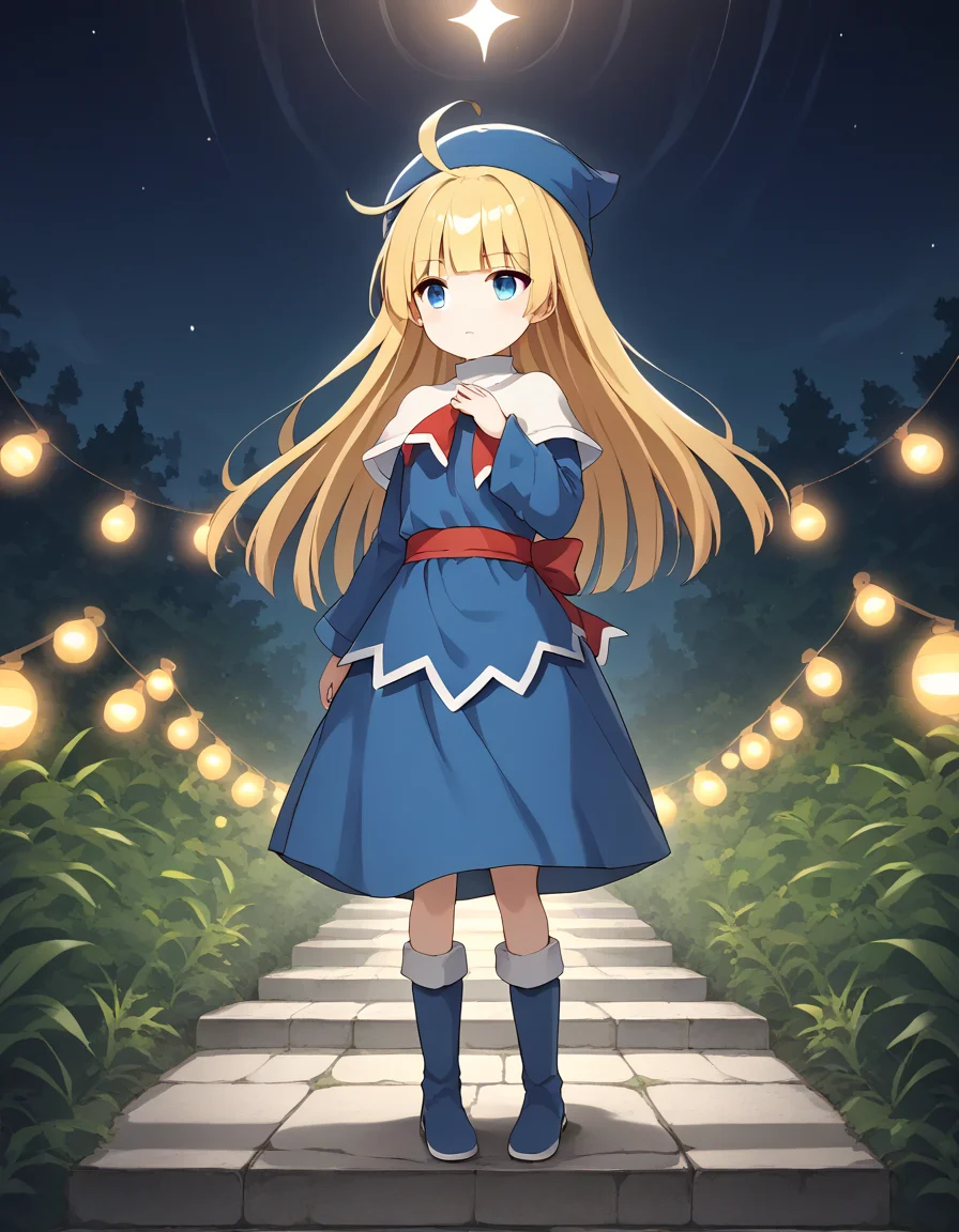 <lora:witchPF_SDXL_pony_fp16_ver04_168-000025:1>,witchPF, 1girl,solo,blonde hair,blue eyes,long hair,blunt bangs,ahoge, blue hat, dress,red sash, capelet,long sleeves,red sash,blue boots,guilt,very wide shot,Northern lights in the Arctic,, score_9, score_8_up, score_7_up, BREAK source_anime, rating_questionable, best quality, masterpiece, uncensored,<lora:pony_good_hands:1>,good_hands ,[pony diffusion V6 is trained by PurpleSmartAI:100]