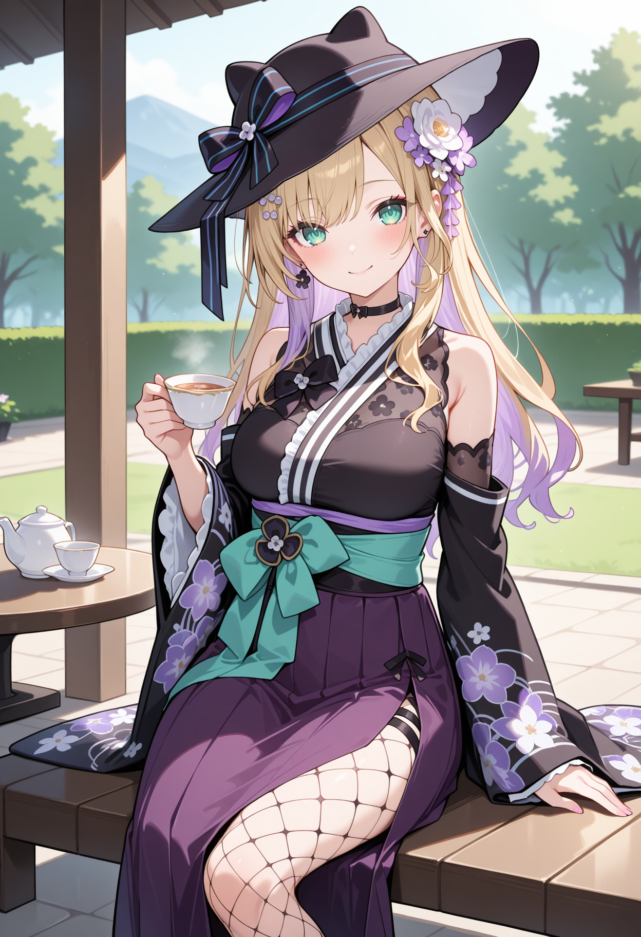 noah5, long hair, blonde hair, purple hair. black headwear, hat bow, hair flower, green eyes, breasts, black choker, frills, floral print, black kimono, sleeveless, detached sleeves, wide sleeves, sash, long skirt, purple skirt, fishnet pantyhose, <lora:kurumi_noah_ilxl_v1:0.9>, sitting, garden, holding cup, teacup, smile, table,
ultra-detailed, masterpiece, newest, best quality