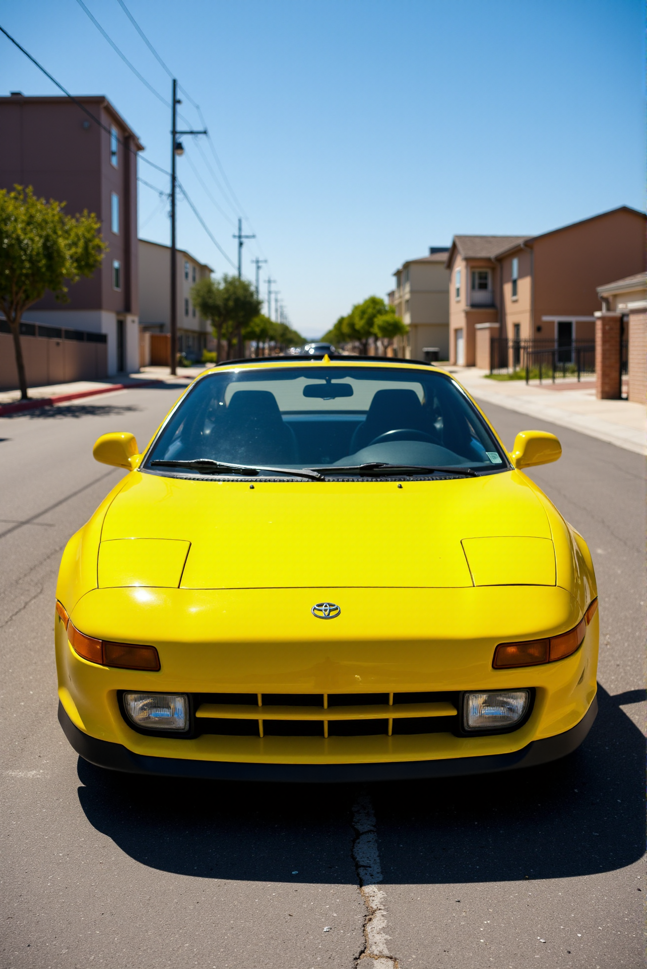 <lora:Toyota_MR2_SW20:0.8> 
A rare yellow Toyota MR2 SW20 presented in front three-quarter view under bright daylight on a clean residential street. The vibrant yellow bodywork glows intensely under the sun, with smooth factory lines tracing from the low bumper into the gently arched fenders and targa roofline. Stock five-spoke wheels in silver shine crisply, anchoring the car with visual balance. The front headlights and turn signals are crystal clear, and the black front grille adds contrast beneath the badge. Reflections of blue sky and neighboring buildings ripple across the hood and side glass. A rear wing rises just into view above the trunk, while the carâs shadow stretches across the open street. This rare colorway and clean setting celebrate MR2 heritage with brightness and clarityâpure JDM charm with unmistakable visual pop.