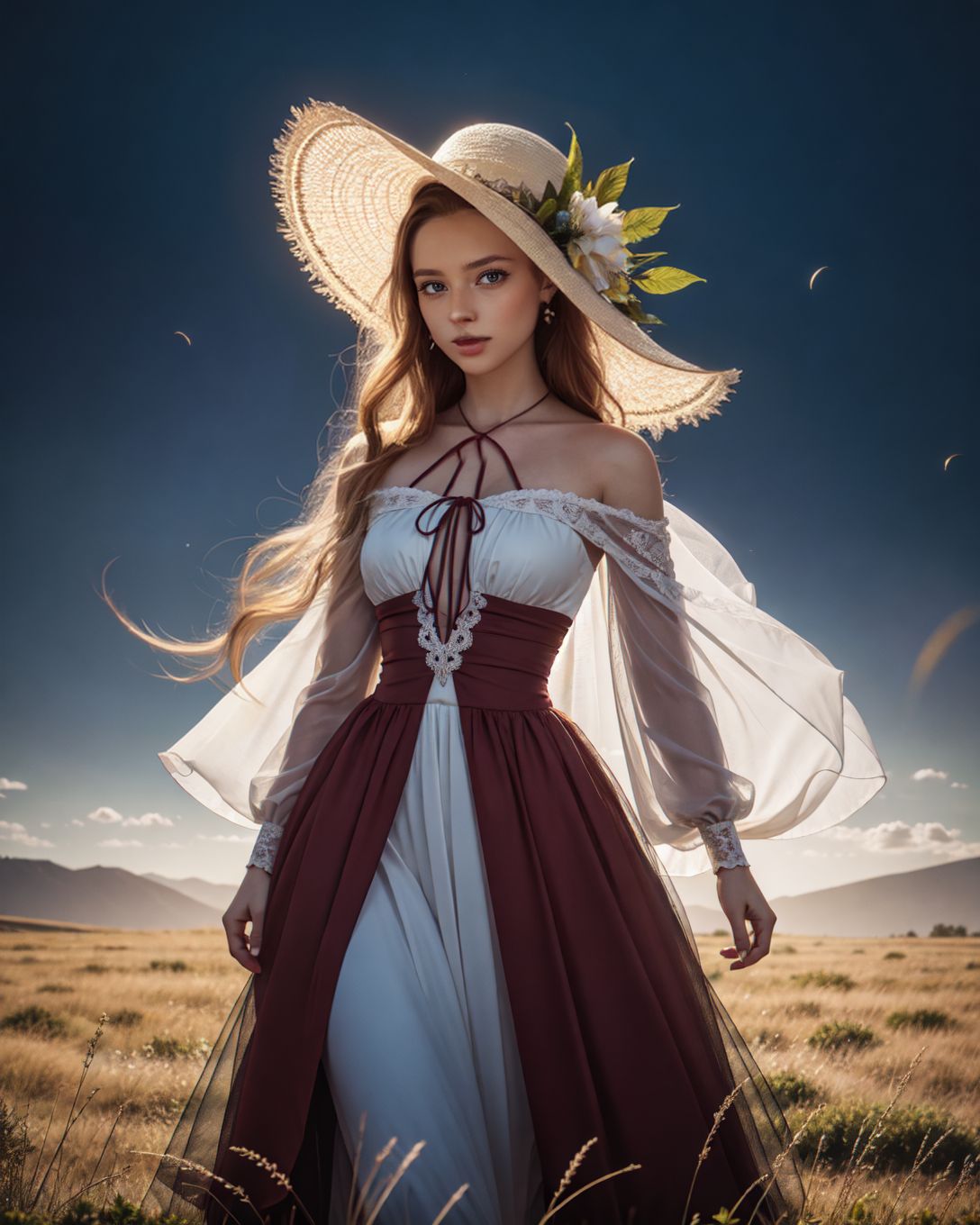 ([: natnobody :0.3]:0.9),  Ethereal Harvest Princess, (style of Nick Knight) flowing gown in shades of amber and deep red layered chiffon materials oversized pilgrim hat translucent veil wheat field backdrop golden light surreal dreamlike aura dynamic walking pose