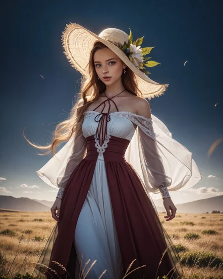 ([: natnobody :0.3]:0.9),  Ethereal Harvest Princess, (style of Nick Knight) flowing gown in shades of amber and deep red layered chiffon materials oversized pilgrim hat translucent veil wheat field backdrop golden light surreal dreamlike aura dynamic walking pose