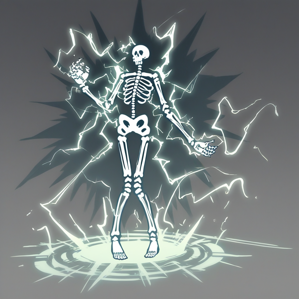 score_9, score_8_up, score_7_up, score_6_up, score_5_up, score_4_up, zPDXL2,source_anime,rating_questionable,  <lora:Cartoon_Electrocution:0.8> electrocut1on, skeleton, full body, ribs, skull, electricity