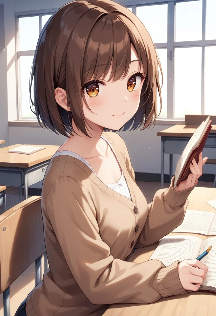 score_9, score_8_up, score_7_up, score_6_up, masterpiece, best quality,uncensored, 1girl, brown hair, brown eyes, perfecteyes, medium breasts, medium hair, bob cut, side view, sitting, desk, studying, brown cardigan, collarbone peek, smile, looking at viewer, university lecture room, round eyes