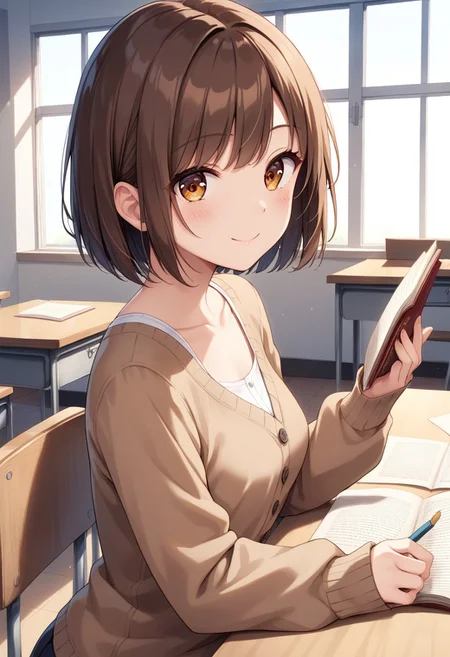 score_9, score_8_up, score_7_up, score_6_up, masterpiece, best quality,uncensored, 1girl, brown hair, brown eyes, perfecteyes, medium breasts, medium hair, bob cut, side view, sitting, desk, studying, brown cardigan, collarbone peek, smile, looking at viewer, university lecture room, round eyes
